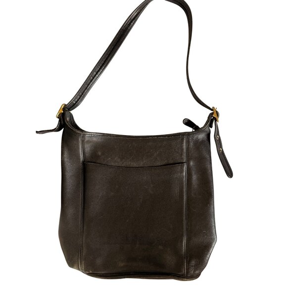 Vintage Coach Black Leather Shoulder Bag Purse With Adjustable Strap & Gold Buck - Picture 1 of 9